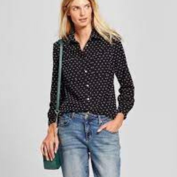 A New Day Women's Shirt Black with White Dotted Swiss XXL Long Sleeve Preppy - Picture 1 of 8
